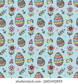 Easter eggs and flowers. Seamless vector pattern for fabric design, wrapping paper, wallpapers.  Hand drawn.