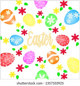 Easter eggs flowers and text Easter on a white background