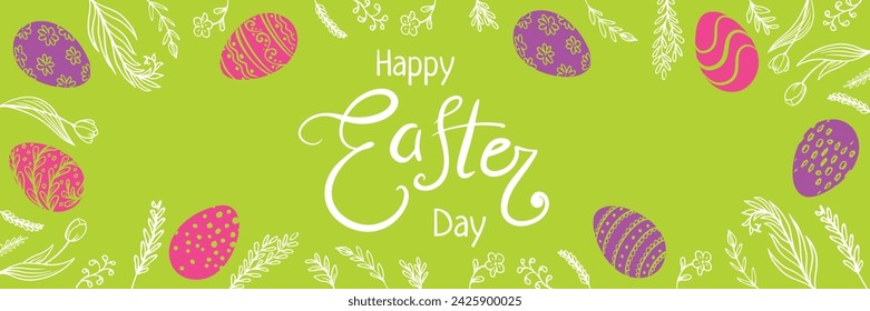 easter eggs, flowers web banner.  Happy Easter day for poster, cover, postcard, banner, Restaurant, cafe menu, holiday decoration, greeting card, web banners, packages. colored eggs on green backgr