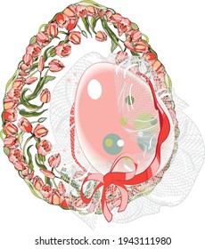 Easter eggs in flowers. A wreath of tulips. For a religious holiday. Communion, confirmation, Palm Sunday. Egg.