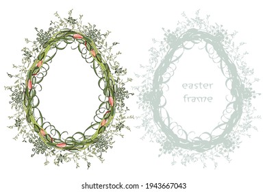 Easter eggs in flowers. A wreath of tulips. For a religious holiday. Communion, confirmation, Palm Sunday. Egg. Greeting picture for Easter.Contour drawing, silhouette, shadow.