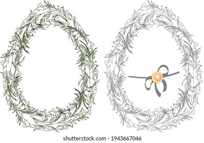 Easter eggs in flowers. A wreath of tulips. For a religious holiday. Communion, confirmation, Palm Sunday. Egg. Greeting picture for Easter.Contour drawing, silhouette, shadow.