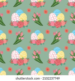 Easter eggs with flowers wreath. Vector seamless pattern on green background