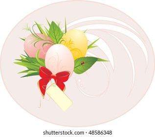 Easter eggs, foliage and red bow with card. Composition for sticker. Vector