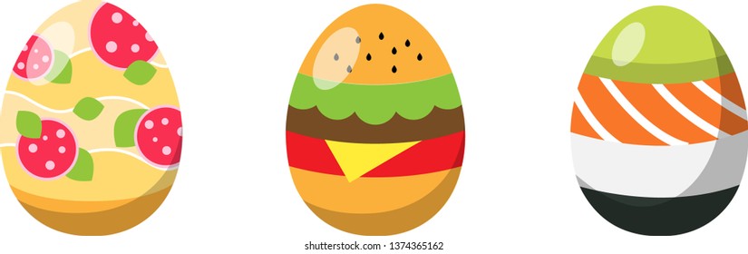 Easter Eggs with food Vector, fully editable (Pizza, Burger, Sushi)