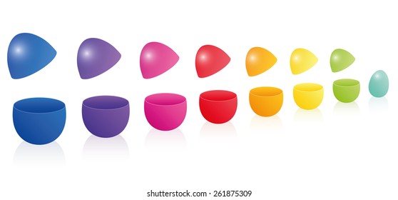 Easter eggs forming a rainbow colored line like the popular russian doll game matryoshka. Three-dimensional isolated vector illustration on white background.
