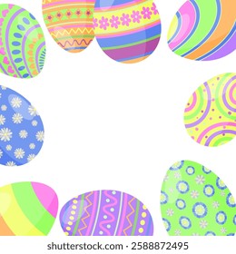 Easter eggs frame, border with copy space. Happy Easter spring holiday greeting card, invitation, poster, banner design element, vector illustration.