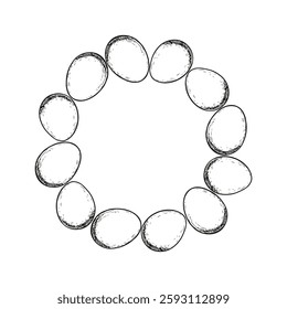 Easter eggs frame for a card, poster design sketch outline illustration. Festive doodle drawing in engraving style. Hand drawn vector line art