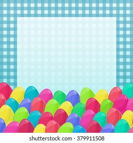 Easter eggs frame. Colorful cartoon style vector eggs. Cute napkin frame. Easter illustration can be used for spring holiday printed products, web design.