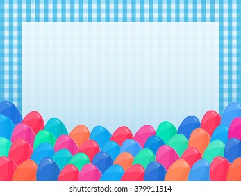 Easter eggs frame. Colorful cartoon style vector eggs. Cute napkin frame. Easter illustration can be used for spring holiday printed products, web design.