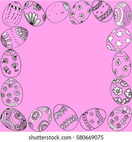 Easter eggs frame. Easter hand-drawn decorative elements in vector. Black and white pattern on a pink  background