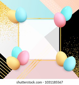 Easter eggs frame. Spring holiday poster. Trendy backdrop. Golden confetti. Easter background. Place for text. Banner. Greeting card.