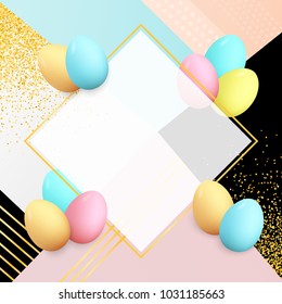 Easter eggs frame. Spring holiday poster. Easter greeting card. Colorful eggs. April. May. March. Trendy backdrop. Golden confetti. Easter background. Place for text. Banner. Greeting card.