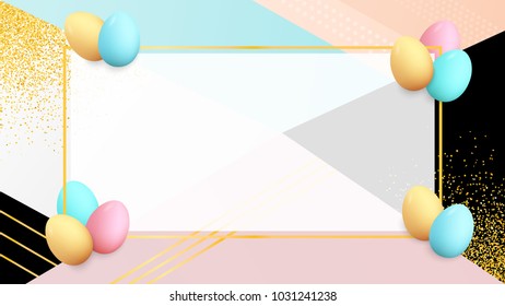 Easter eggs frame. Spring holiday poster. Trendy backdrop. Golden confetti. Easter background. Place for text. Banner. Greeting card.