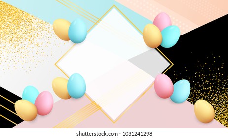 Easter eggs frame. Spring holiday poster. Easter poster backdrop. Colorful eggs. Trendy backdrop. Golden confetti. Easter background. Place for text. Banner. Greeting card.