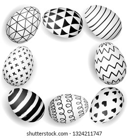 Easter eggs frame with transparent shadows isolated on white. Hand drawn black and white ink pattern