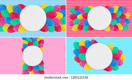 Easter eggs frames set. Spring holiday backgrounds collection. Eggs hunt. Cartoon. Colorful. Happy Easter. Party. White frame. Place for text. Sale. Easter vector banners. Greeting card.