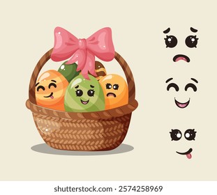 Easter eggs funny, sad. Happy Easter. You can change eyes or smile. Vector illustration.