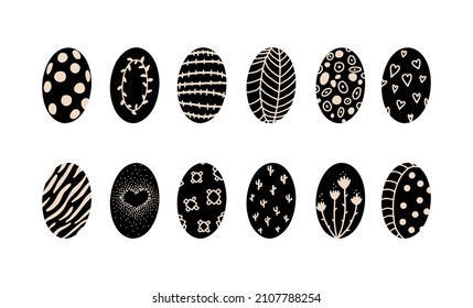 Easter Eggs with geometric and floral patterns. Set with black hand drawn holiday design elements. Vector illustration isolated on white background