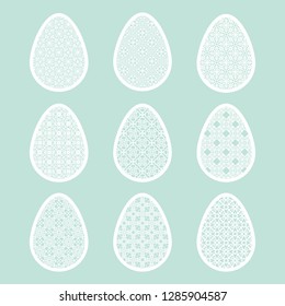 Easter eggs with geometric pattern. Laser Cutting template for greeting cards, envelopes, invitations, interior elements. Vector easter paper cutting ornamental panel. Die cut card.
