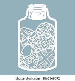 Huevos de Pascua en un frasco de vidrio. Corte láser. Ilustración vectorial. Patrón para corte láser, rayado, trazador e impresión de pantalla.