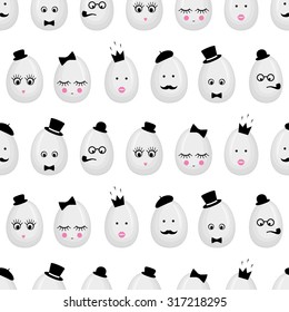 Easter eggs with glasses, mustache, bow-tie, hat, tobacco pipe, eyes, lashes, lips, crown. Seamless pattern, hipster modern style, graphic design for fabric, website, packaging, invitations, cards