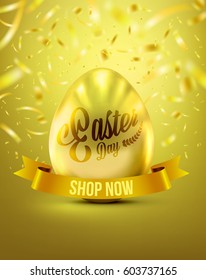 Easter Eggs in Gold Color for Easter Day Banner With Realistic Shine Gold Light on the Gold background and Golden Confetti Flying on Top.Use for Easter Day Sale and Easter Day Promotion