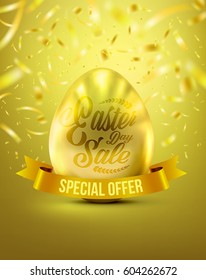 Easter Eggs in Gold Color for Easter Day Banner Discount With Realistic Shine Gold Light On the Gold background and Golden Confetti Flying on Top.Use for Easter Day Sale and Easter Day Promotion