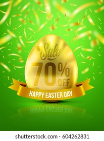 Easter Eggs in Gold Color for Easter Day Banner 70% Discount With Realistic Shine Gold Light On the Green Background and Golden Confetti Flying.Use for Easter Day Sale and Easter Day Promotion