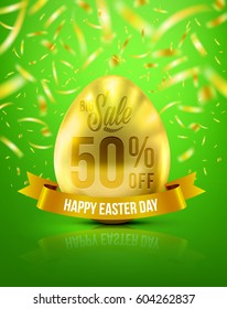 Easter Eggs in Gold Color for Easter Day Banner 50% Discount With Realistic Shine Gold Light On the Green Background and Golden Confetti Flying.Use for Easter Day Sale and Easter Day Promotion.