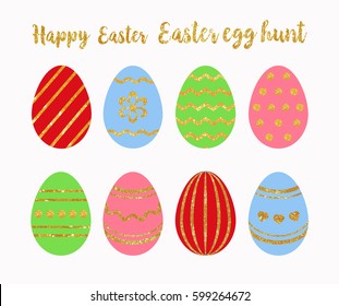 Easter eggs with gold glitter decorations.  Vector illustration