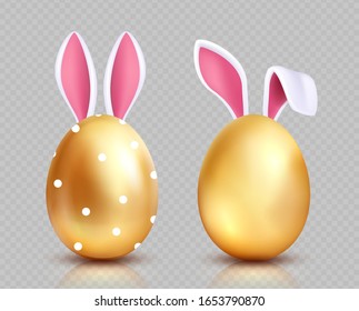 Easter eggs. Golden egg hunting, bunny ears. Isolated realistic spring festive vector elements