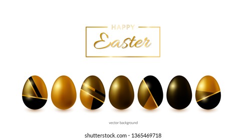 Easter eggs. Golden set with decorated geometric elements for gift, seasonal celebration and holidays in april on white background. Vector illustration.