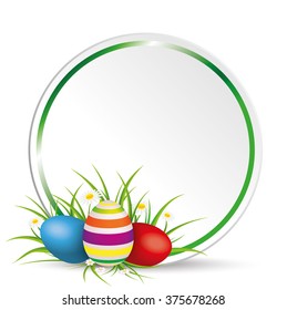 Easter eggs with gras, circle and flowers on the grey background. Eps 10 vector file.