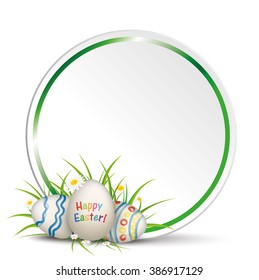 Easter eggs with gras, circle and flowers on the grey background. Eps 10 vector file.