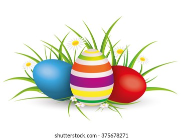 Easter eggs with gras and flowers on the grey background. Eps 10 vector file.
