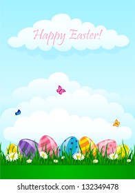 Easter eggs in the grass against the sky, illustration.