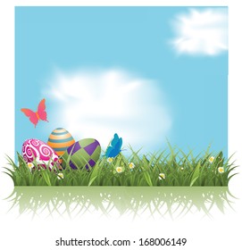 Easter eggs in the grass background. EPS 10 vector, grouped for easy editing. No open shapes or paths.