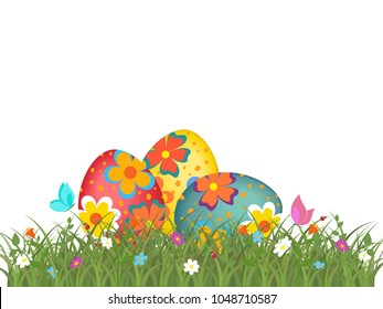 Easter eggs in grass. Easter background with eggs in grass and flowers. Vector illustration.