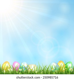 Easter eggs in the grass and blue sky, illustration.