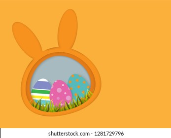 Easter eggs and grass in bunny shape frame with orange vector background, rabbit overlapping with shadow modern concept paper cut design, space for text or message web and book