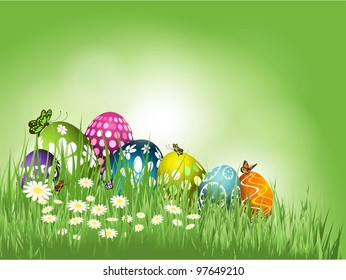Easter eggs in grass with butterflies