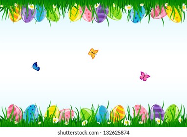 Easter eggs in the grass and butterflies, illustration.
