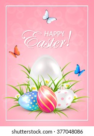 Easter eggs in grass and butterflies on pink background, illustration.