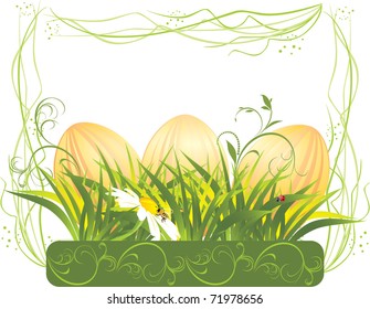 Easter eggs with grass and chamomile in the decorative frame. Vector