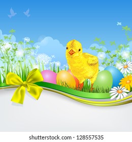Easter eggs with grass, chick and ribbon. Empty space. Spring background