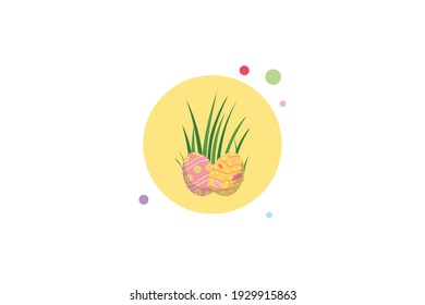 Easter Eggs in Grass. Circle Icon with Bubbles