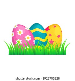 Huevos de Pascua en la hierba. Juego de huevos de color con diferentes texturas, patrones y colores. Vacaciones de primavera. Ilustración vectorial aislada en fondo blanco.