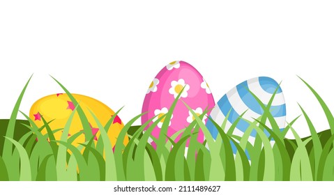 Easter eggs in the grass. Color egg set with different textures, patterns and colors. Spring holiday. Vector illustration isolated on white background.