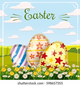 Easter eggs in the grass, daisy flowers, dandelions, rural background, butterflies, cartoon style, vector, illustration